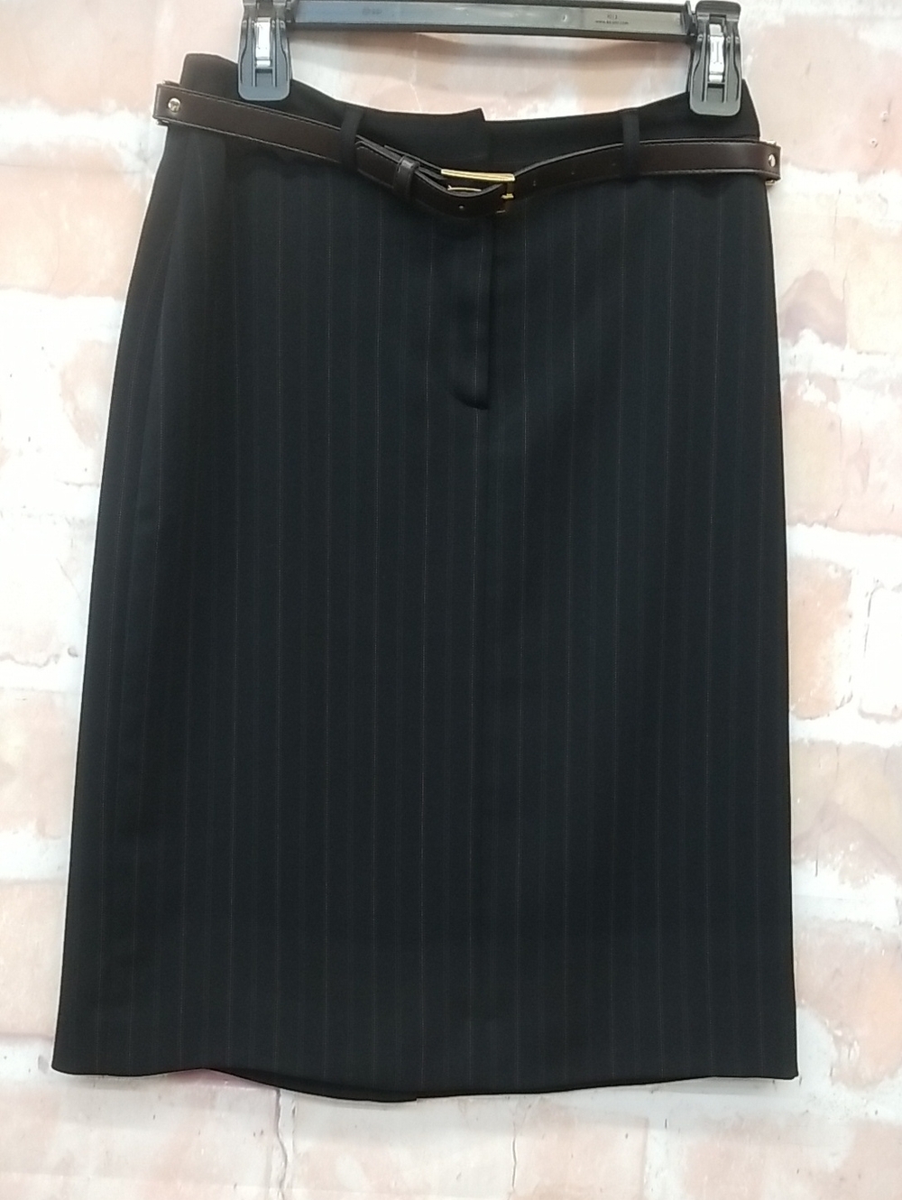 Casual Corner Black Pinstripe Pencil Skirt with Brown Belt Size 4